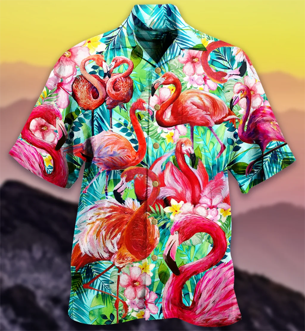 Фото Обруч, Musim Panas Kaus, гавайский для Pria 3d Kartun Flamingo Kemeja Pria Pantai Kebesaran Lucu Pakaian Pria Mode Lengan Pendek №3