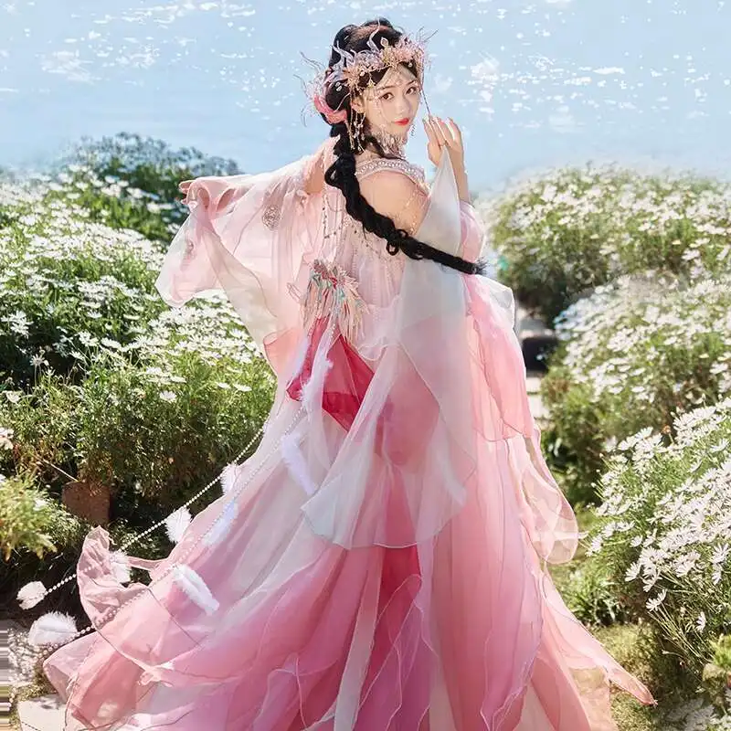 Фото Hanfu Jurk Vrouwen Chinese Oude Traditionele Hanfu Carnaval Somaliland Cosplay Kostuum Podium Hanfu Pink & Rose Dansjurk №2