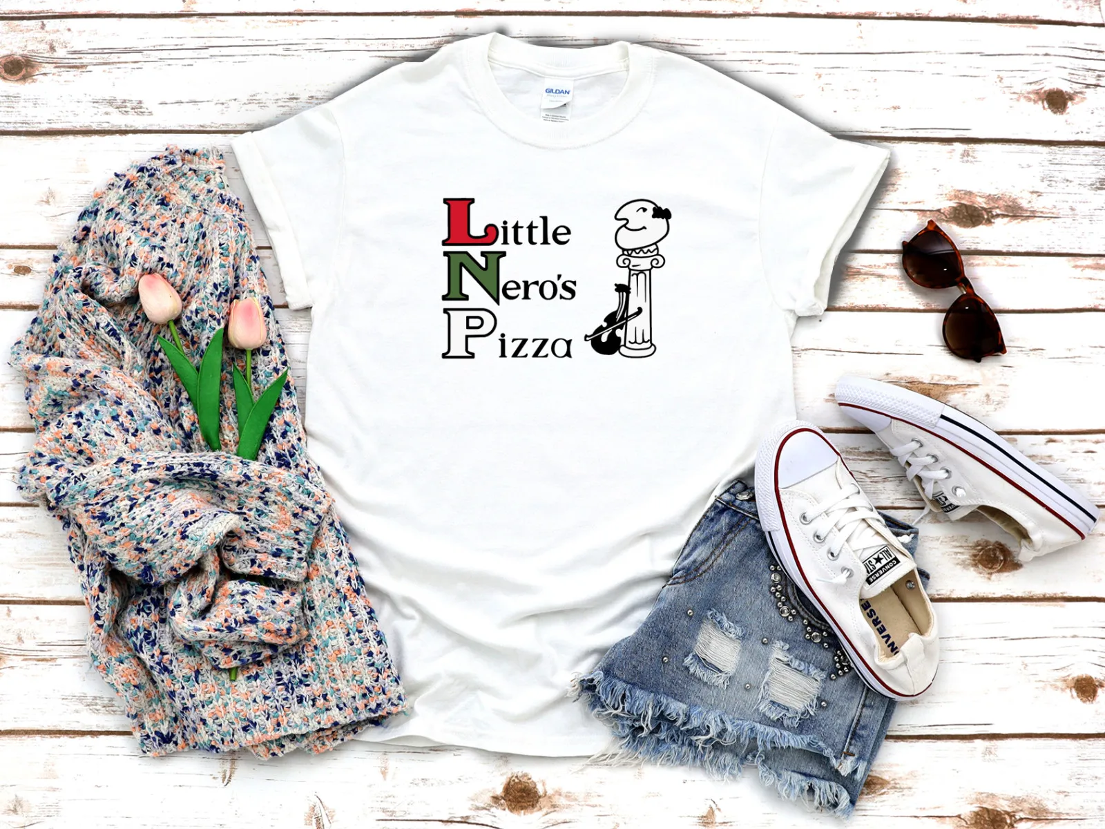 Белая женская футболка с коротким рукавом Little Nero's Pizza Greg Heffley 3/4 C056