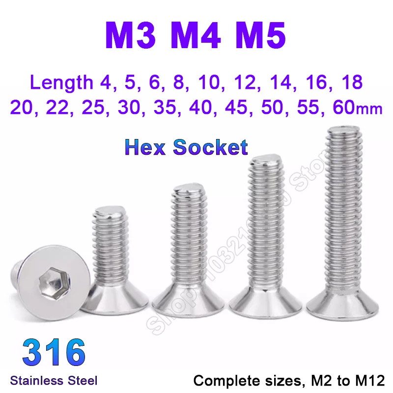 Шестигранная головка для ключа DIN7991 M3 M4 M5 100, из нержавеющей стали, шестигранная, плоская, с потайной резьбой, длина 4-60 мм, 20-316 шт.