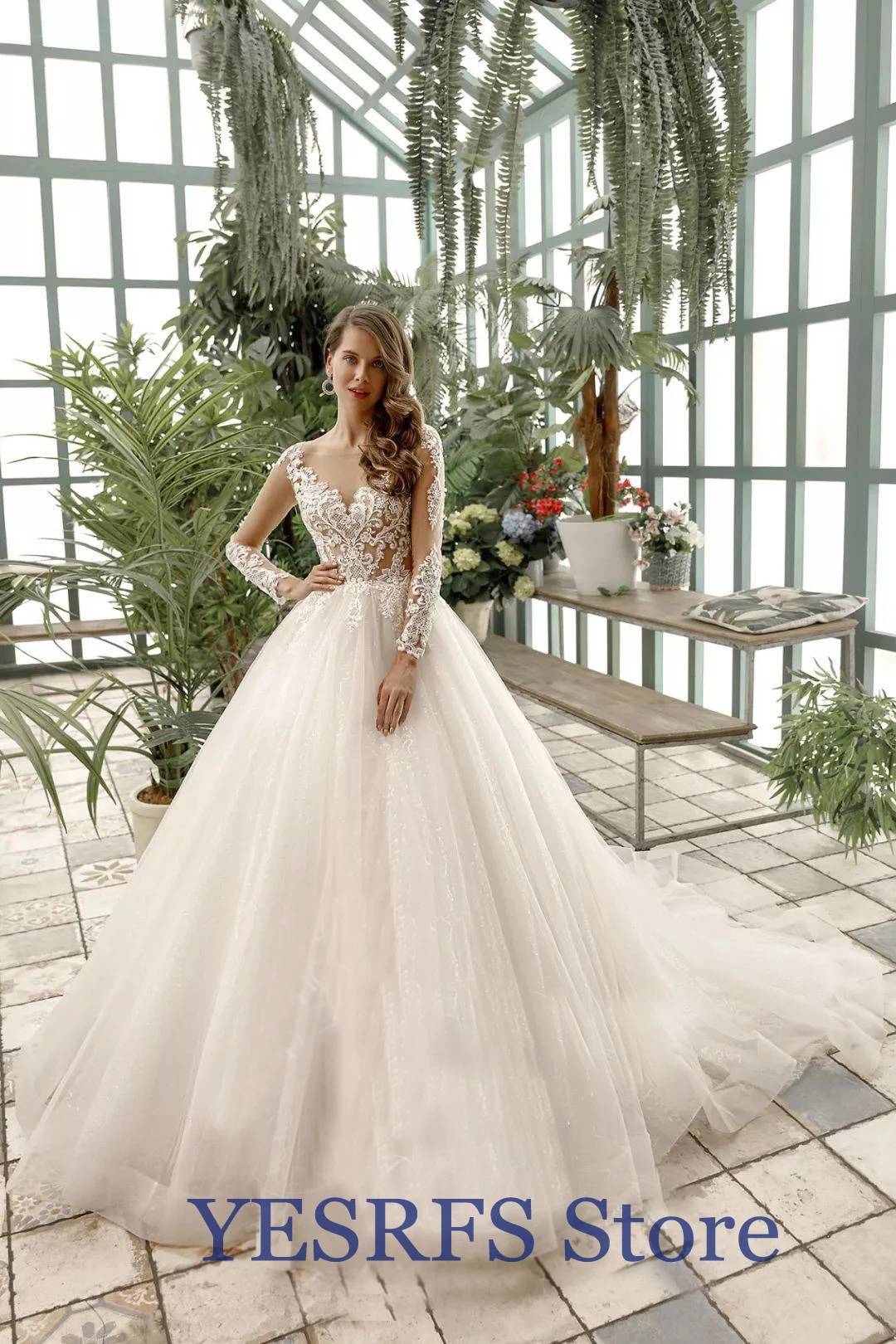 Vestido de novia larga y cuello redondo, прозрачная, легкая поверхность, blanco, Apliques de encaje,