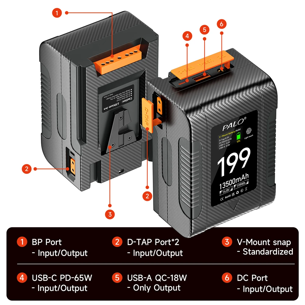 Фото PALO V Mount V Lock BP-199 Аккумулятор V-Mount BP-99 Портативные аккумуляторы с USB-кабелем Type-C PD65W для камер Смартфонов Ноутбуков №5