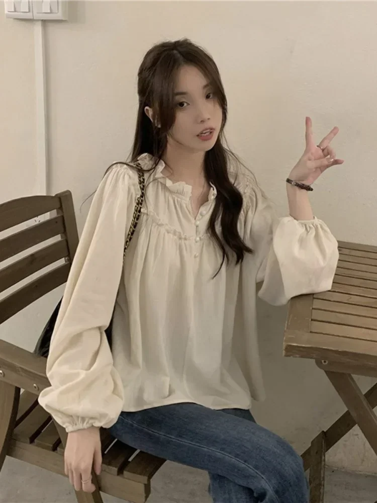 Фото 2025 Korean 2025 Ruffled Collar Blouses Women Sweet Autumn Solid Puff Sleeve Tops All-match Loose Single Breasted Shirt №5