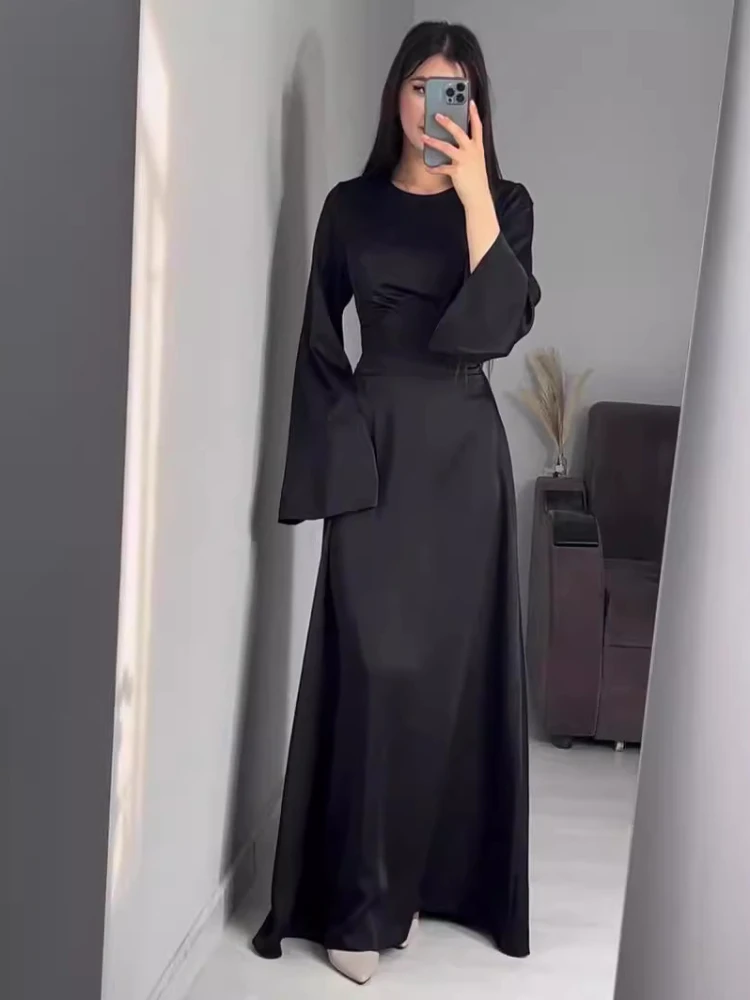 Фото Мусульманское платье на весну Eid для женщин, облегающая бандажная атласная Однотонная юбка в марокканском стиле, длинное платье Рамадана, мусульманский Дубай, 2024 №4