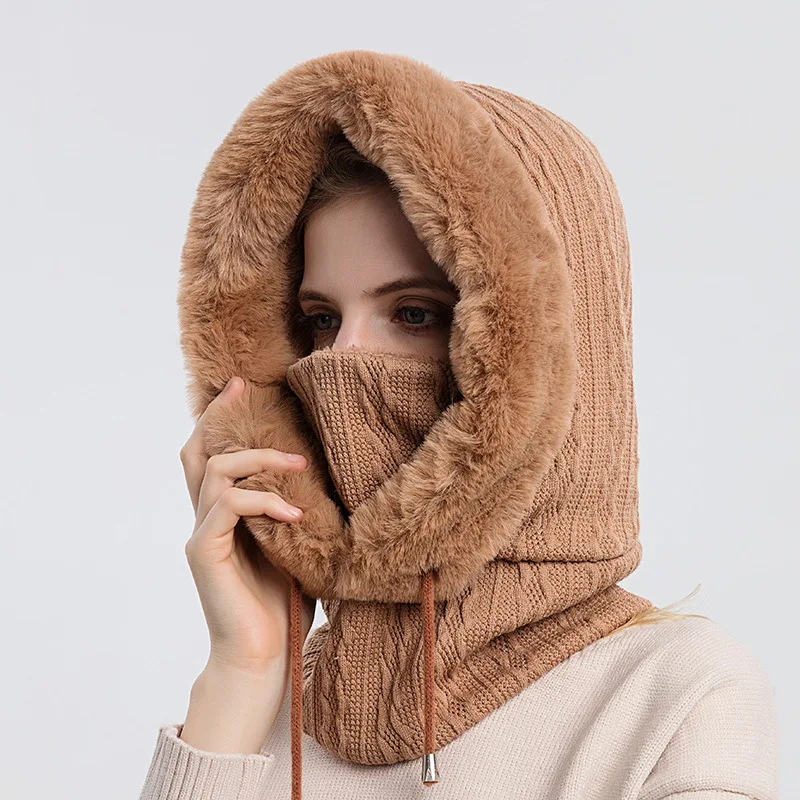 Фото Winter Thick Faux Fur Knitted Hats for Women Cashmere Neck Warm Beanies Mask Set Hooded Russia Windproof Plush Fluffy Ski Hats №4