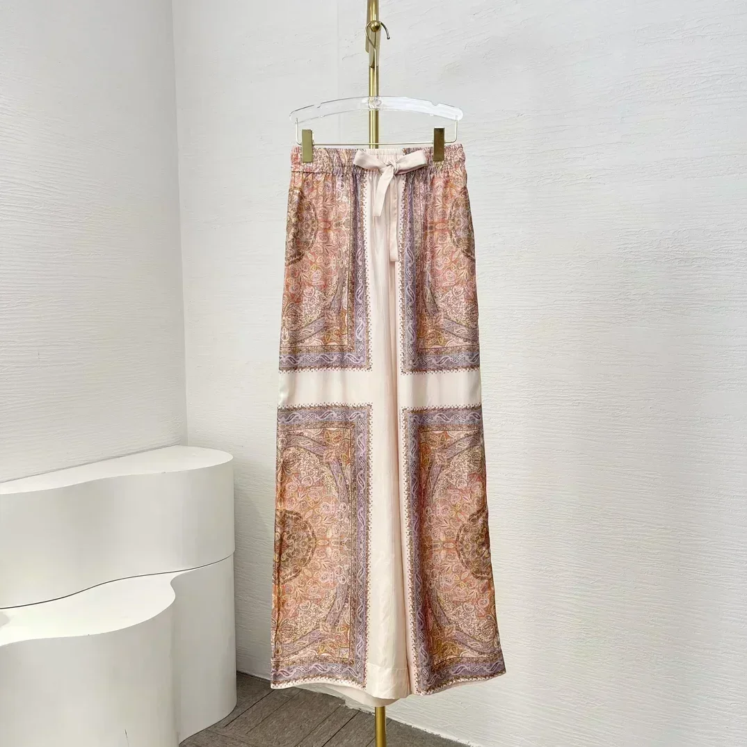 Paisley Twill Silk Re-tro Лето Осень Женская последняя новая блузка с длинными рукавами и широкие брюки Свободный праздничный комплект