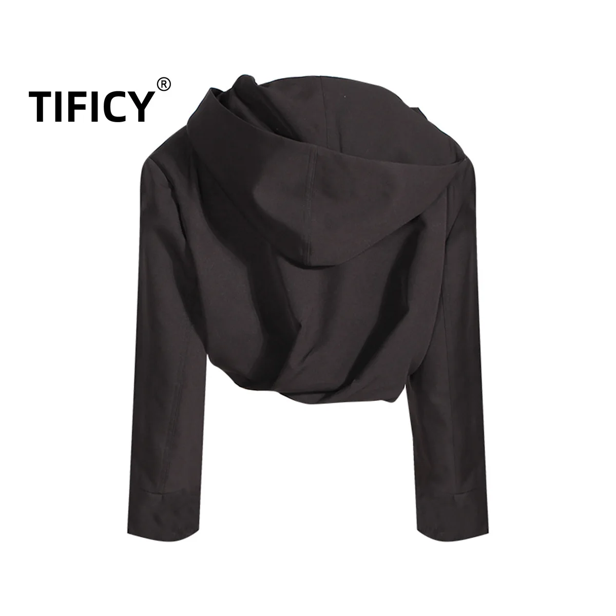 Фото Женская Осенняя куртка с капюшоном TIFICY, новая модная Асимметричная свободная короткая черная куртка с плиссированной молнией №3