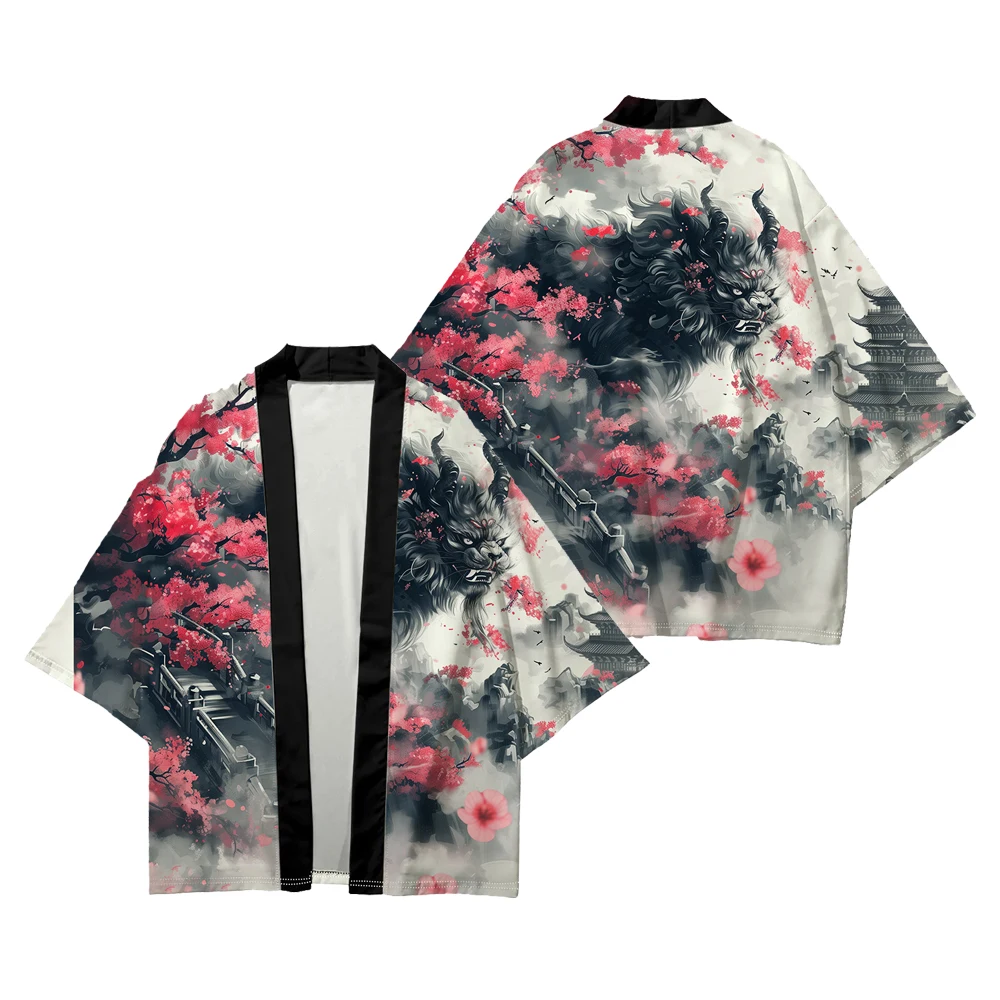 Фото Nine Tailed Fox Demon Printed Kimono Traditional Asian Clothes Crane Graphic Japanese Cardigan Harajuku Haori Samurai Streetwear №4