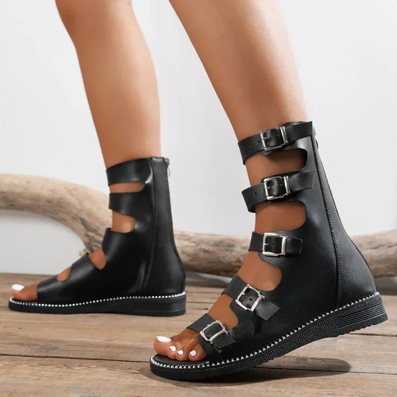 Фото Сандалии De Punta Abierta Para Mujer, Zapatos De Gladiador Planos Con Cremallera Trasera Romana, Informales Para Exteriores, №2