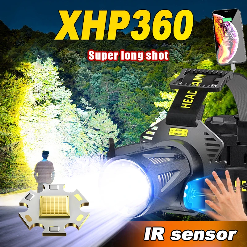 XHP360 сенсорный светодиодный налобный фонарь с возможностью масштабирования, USB перезаряжаемый налобный фонарь, уличный водонепроницаемый аварийный аккумулятор для рыбалки