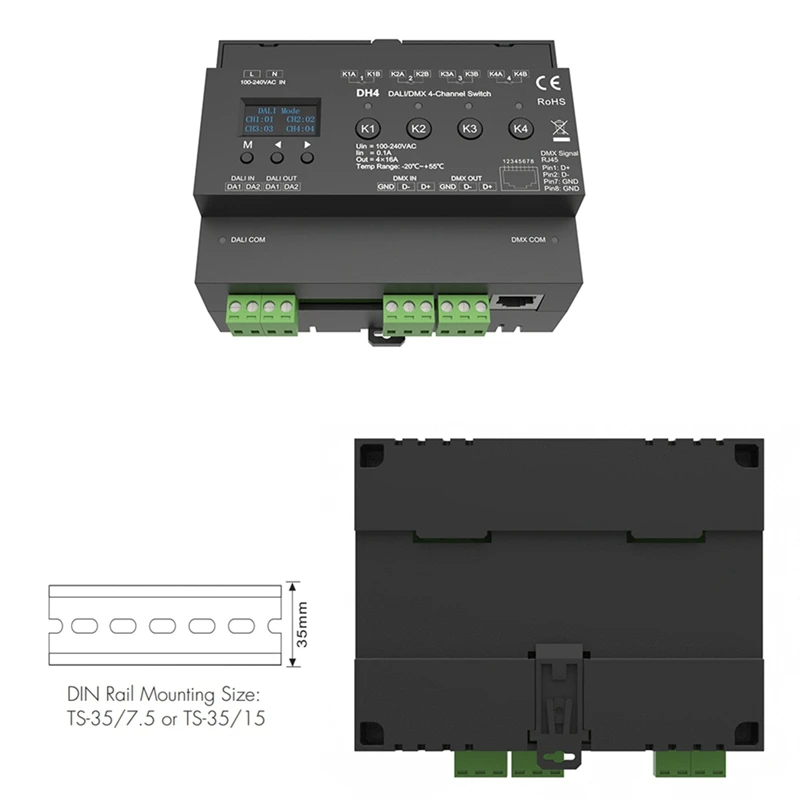 For DMX 4-Channel Switch With OLED Display Screen Relay 4CH Dry Contact Output 4 Address DMX-RDM Din Rail 100-240VAC (art.: 3920cb0bab77c) - 3920cb0bab77c