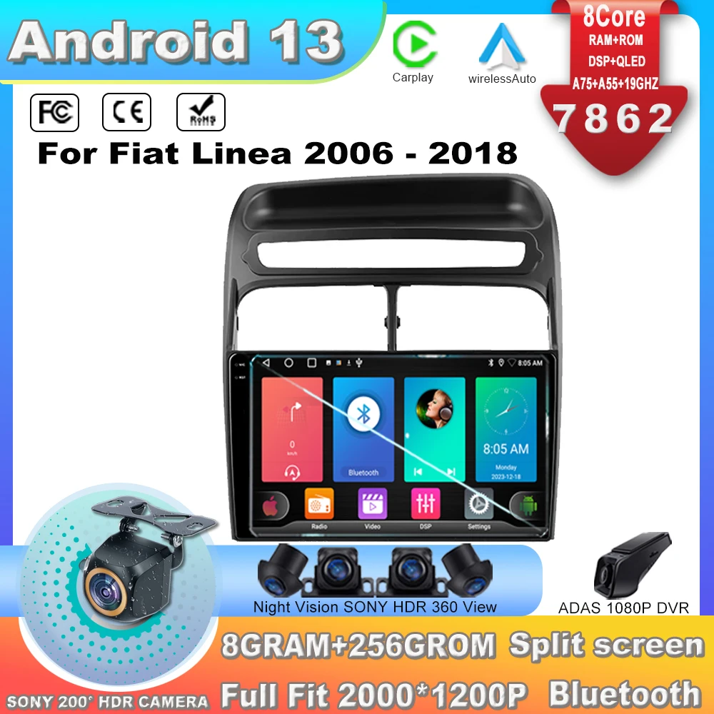 Автомагнитола для Fiat Linea 2006-2018, мультимедийный видеоплеер на базе Android с GPS-навигацией, 2 din, dvd, 7862CPU, стерео