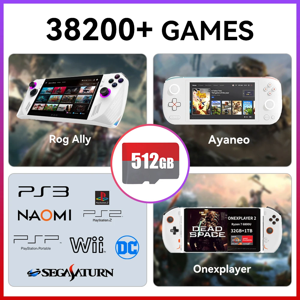 Фото 512G игровая карта для ROG Ally/Ayaneo/OnexPlayer/портативные игровые консоли/ПК для PS3/PS2/SS/PS1/PSP/DC/MAME 50 + эмуляторы и 38200 + игр №1