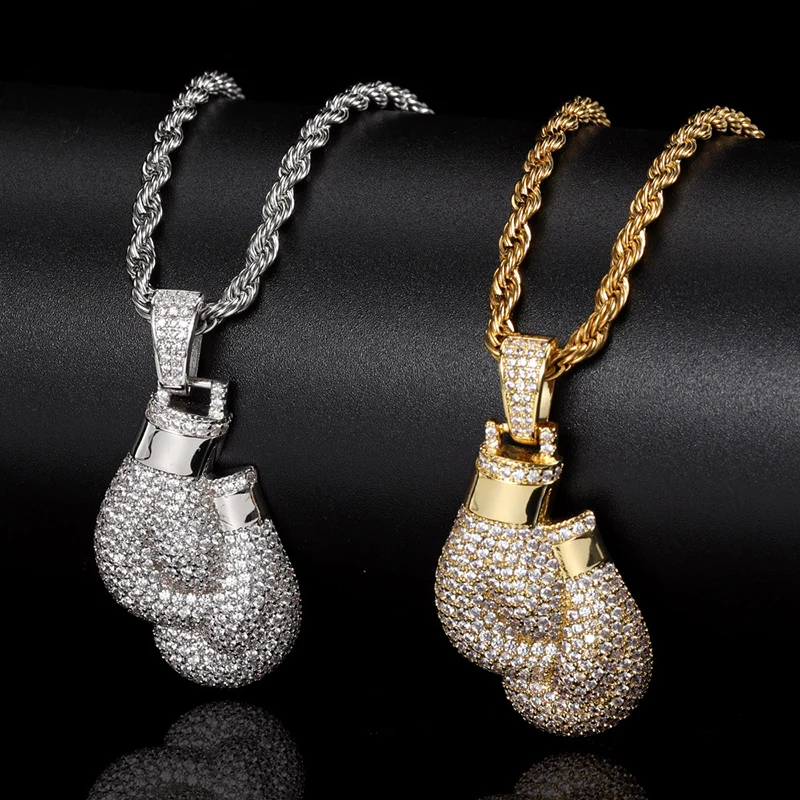 Хип-хоп 3A + CZ камень выложенный Bling Iced Out боксерские перчатки подвески ожерелье для мужчин рэпер ювелирные изделия цвета: золото, серебро