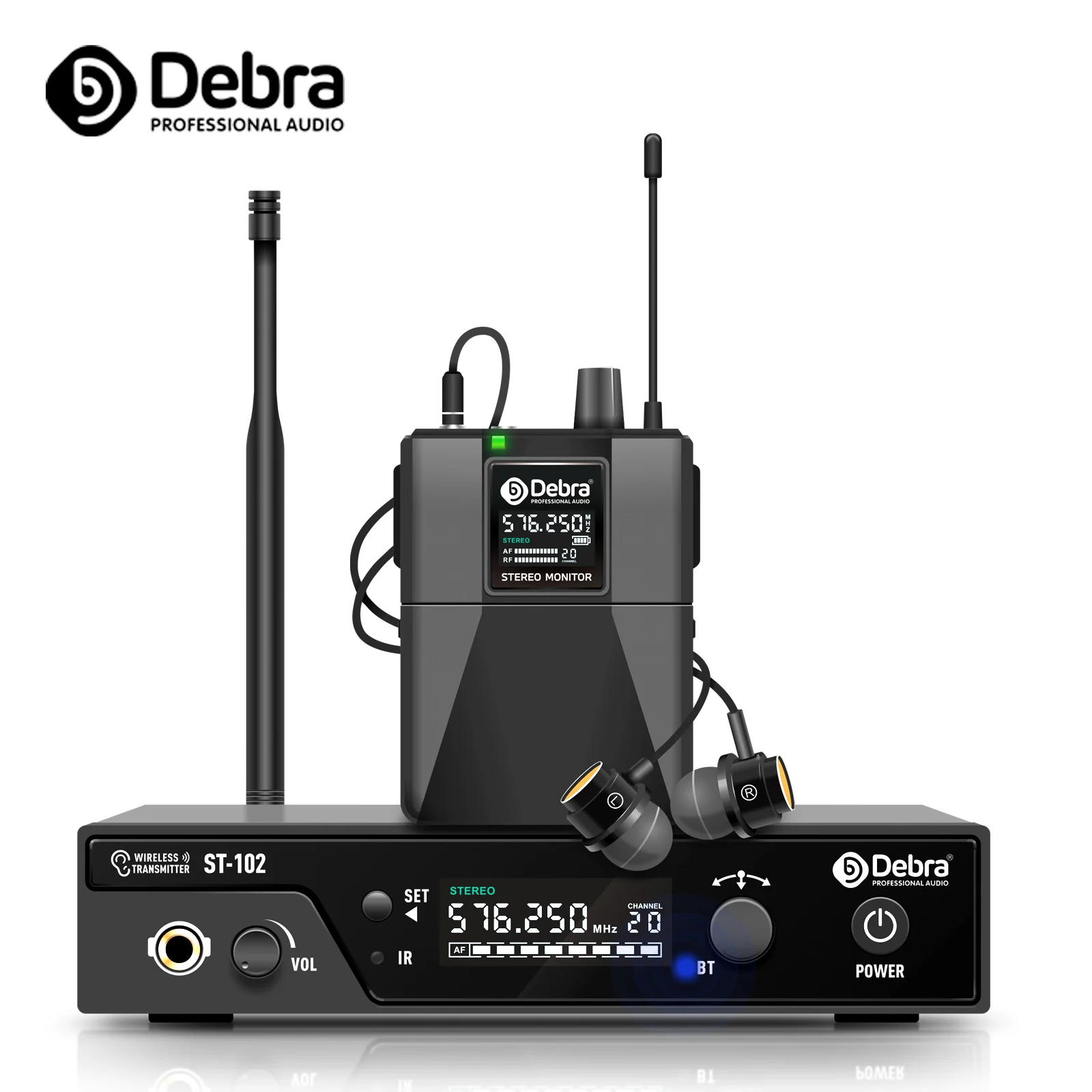 Debra ST-102 Стерео беспроводная система внутриканального монитора с Bluetooth 5.0 UHF для расстояния 80-300 м для прибора записи театра