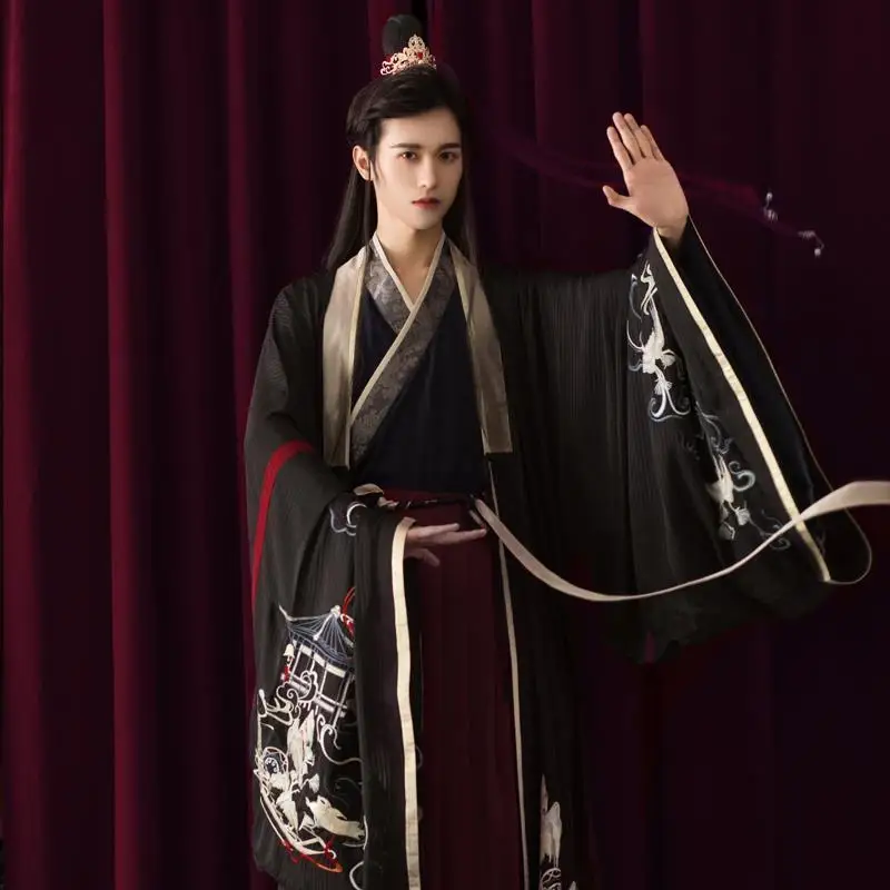 Фото Черное мужское платье Hanfu с вышивкой и широким рукавом в китайском стиле для студентов, повседневная одежда для выступлений, традиционное китайское платье №4