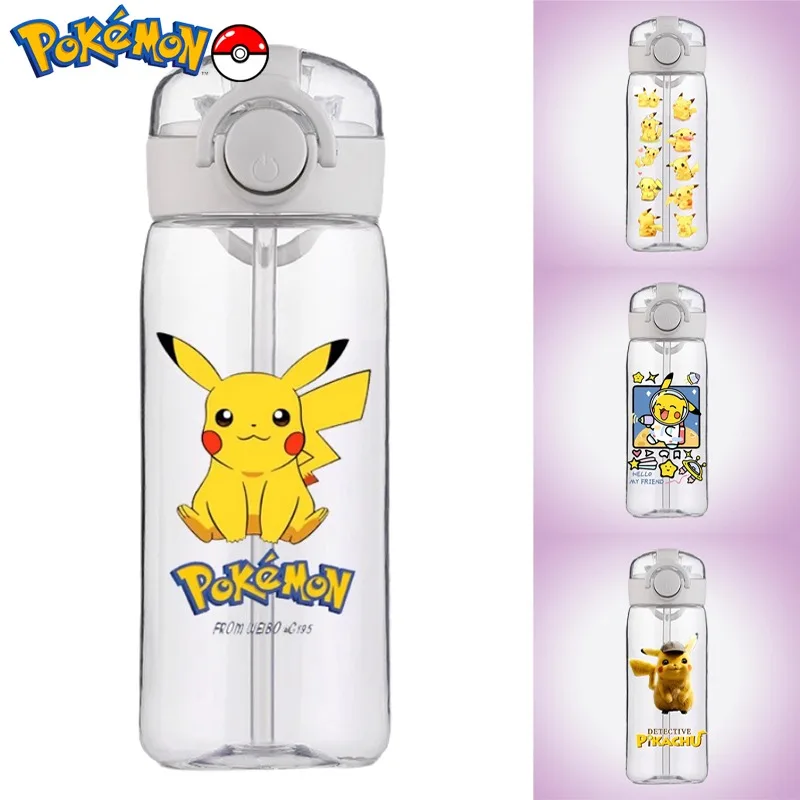 Детская бутылка для воды Pokemon Kawaii Pikachu, портативная мультяшная Спортивная бутылка, пластиковая детская кружка с аниме принтом, 400 мл, с соломинкой