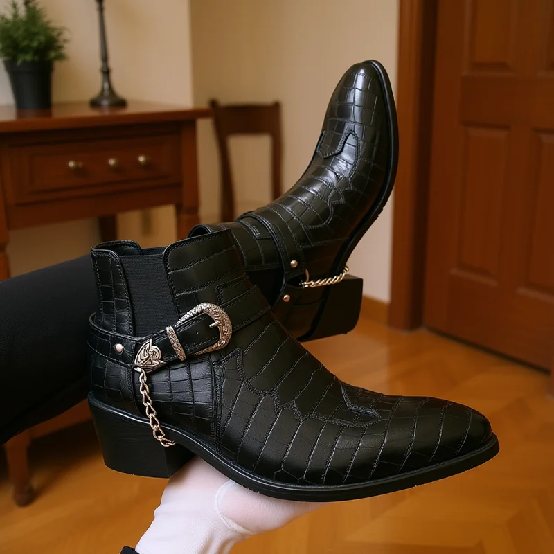 Фото Original Designer Men's Chelsea Boots Gentleman PU Leather Chukka Boots Men Buckle Chain High Top Punk Boot Casual Shoes For Men №3