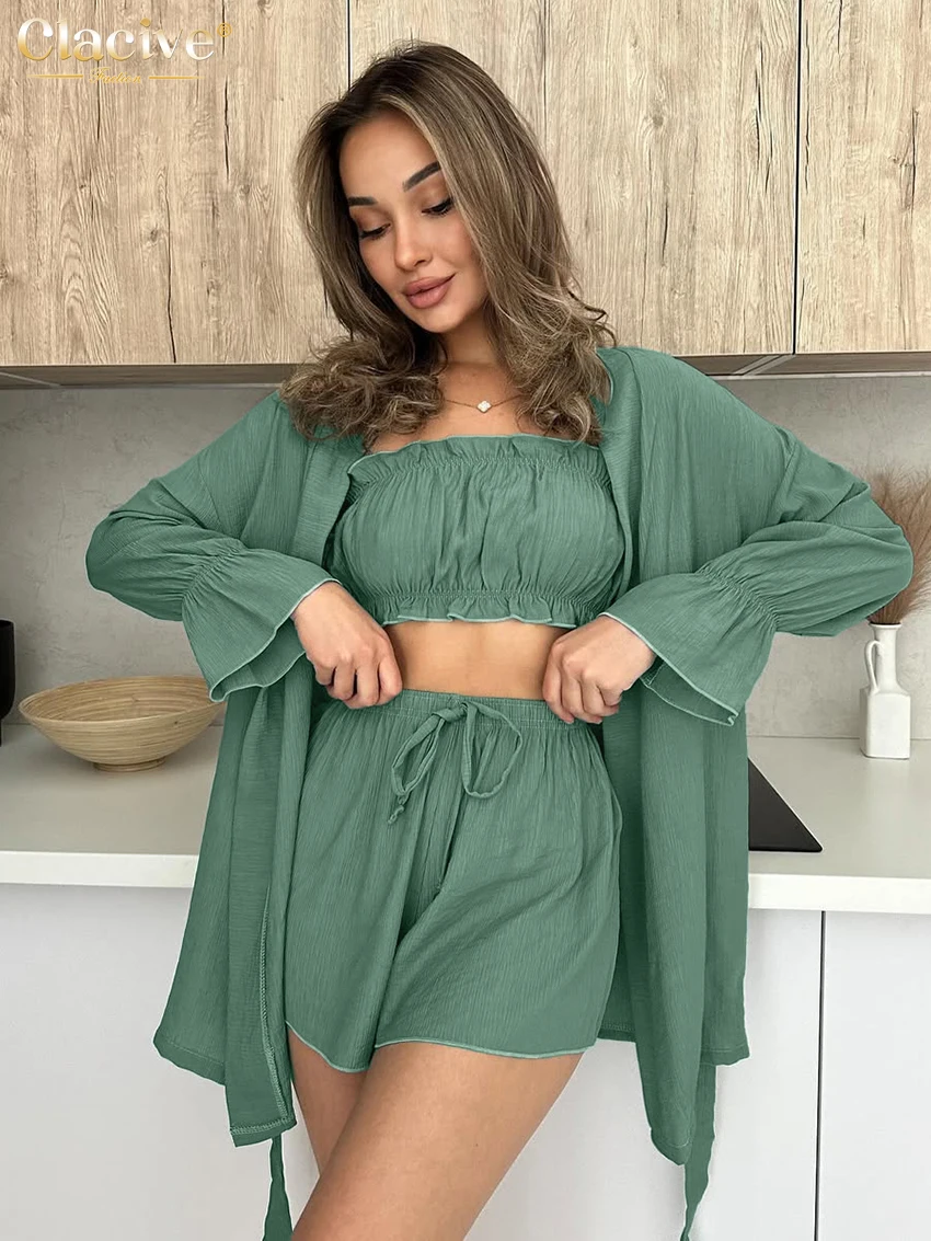 Clacive Fashion Свободный зеленый комплект из 3 предметов Женская элегантная рубашка с длинным рукавом + топ-труба с шортами с высокой талией Комплект женской одежды