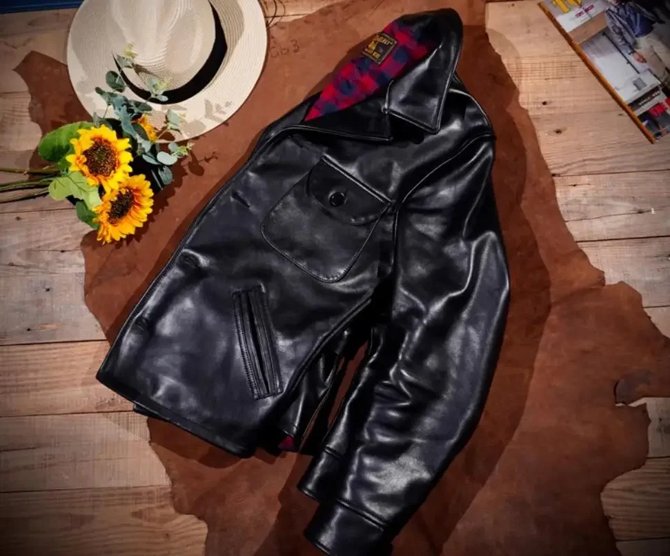 Фото LNY Shop Top. Мужская черная кожаная куртка в стиле ретро без покрытия. Мужская кожаная одежда для спорта на открытом воздухе №5