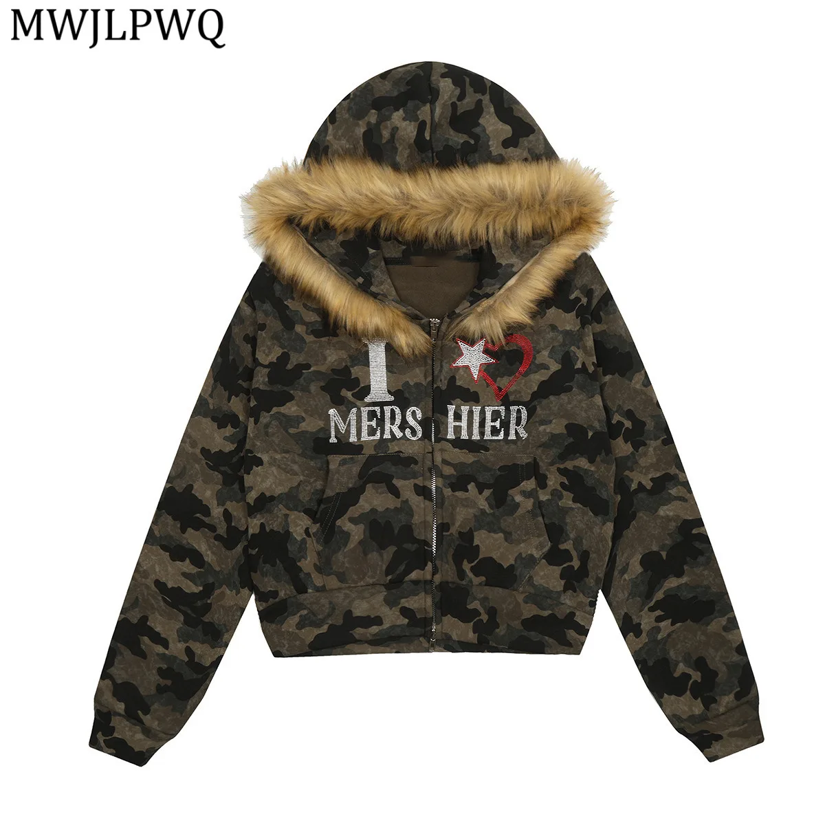 MWJLPWQ модная камуфляжная толстовка с меховым воротником в американском стиле и стразами, уличная флисовая утолщенная короткая повседневная куртка-кардиган 21039
