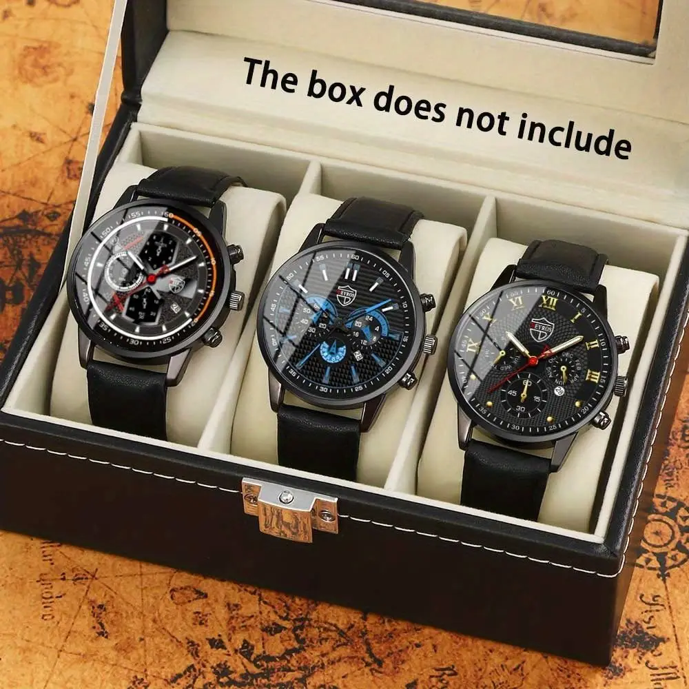 Часы Reloj Hombre мужские с кожаным ремешком, простые повседневные кварцевые из нержавеющей стали, набор из трех предметов, с календарем