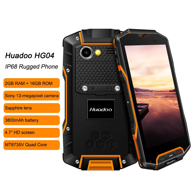 Смартфон HG04 защищенный, 2 + 16 ГБ, 4G, LTE, 4,7 дюйма, GPS, NFC, IP68, 4-ядерный, 13 МП, 3800 мА · ч