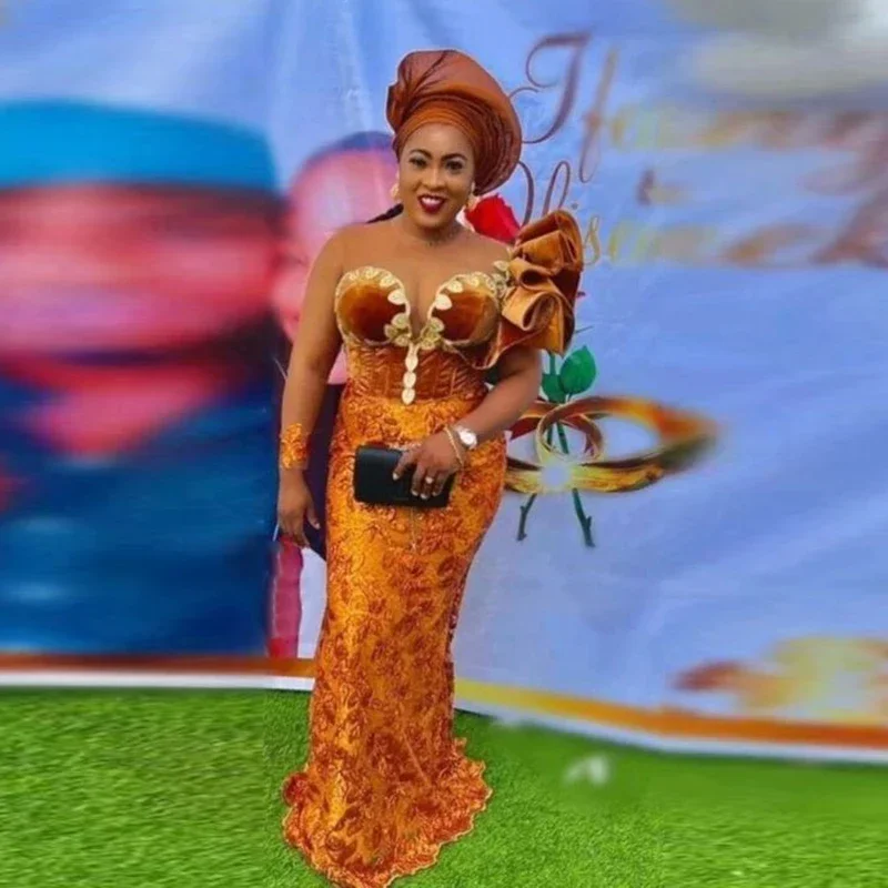 Женское вечернее платье-Русалка Aso Ebi, оранжевое кружевное платье с длинным рукавом и воротником-стойкой, платье для выпускного вечера в стиле Саудовской Аравии