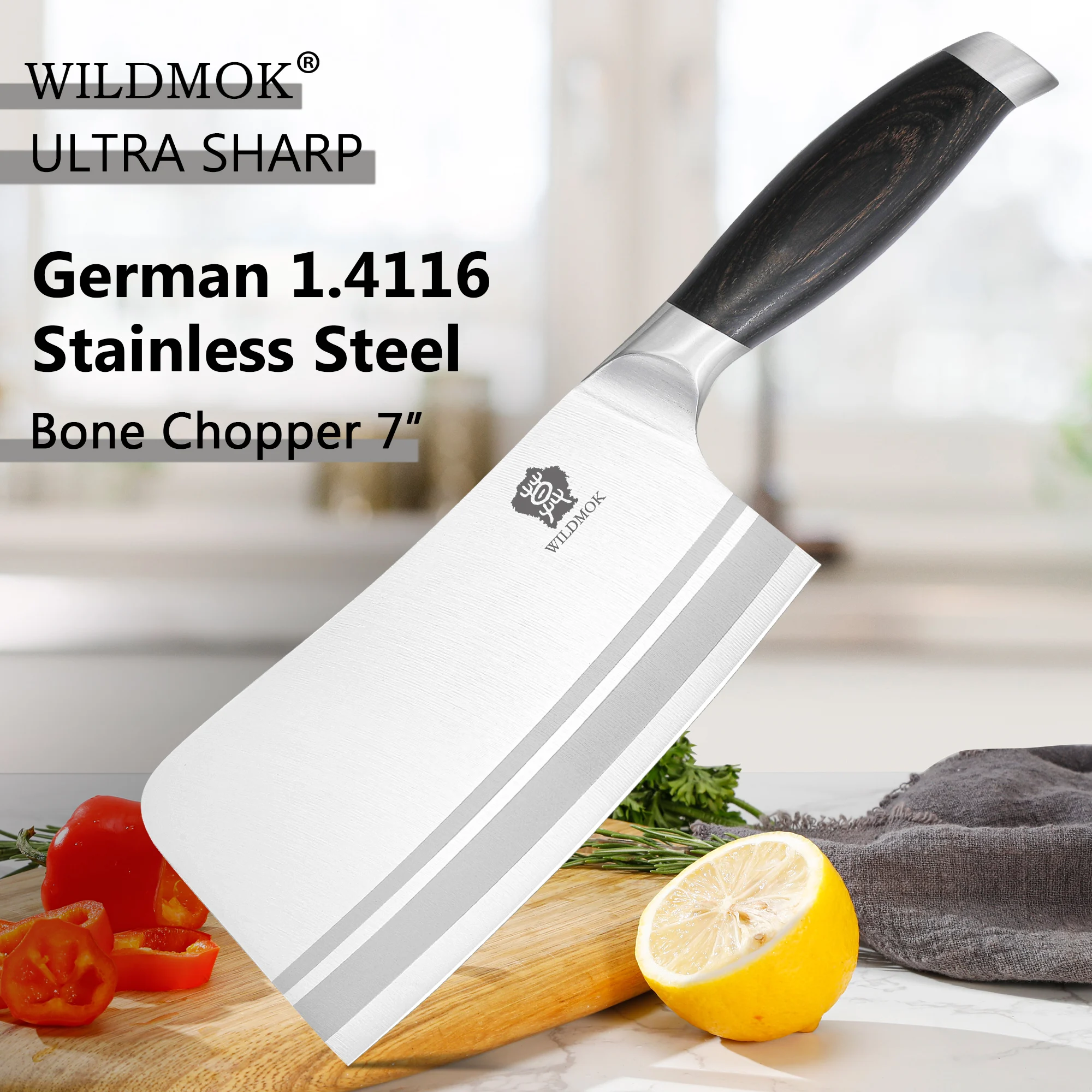 WILDMOK 7-дюймовый нож-тесак для мяса, сверхмощный измельчитель костей, немецкий китайский нож из нержавеющей стали с ручкой из черного пакавуда