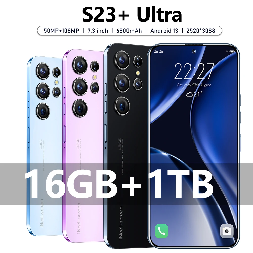 Смартфон мобильный телефон S23 Ultra с экраном 7,3 HD, оригинальный телефон 16 ГБ + 1 ТБ, разблокированный сотовый телефон с двумя Sim-картами, Android, 7800 МП, мАч