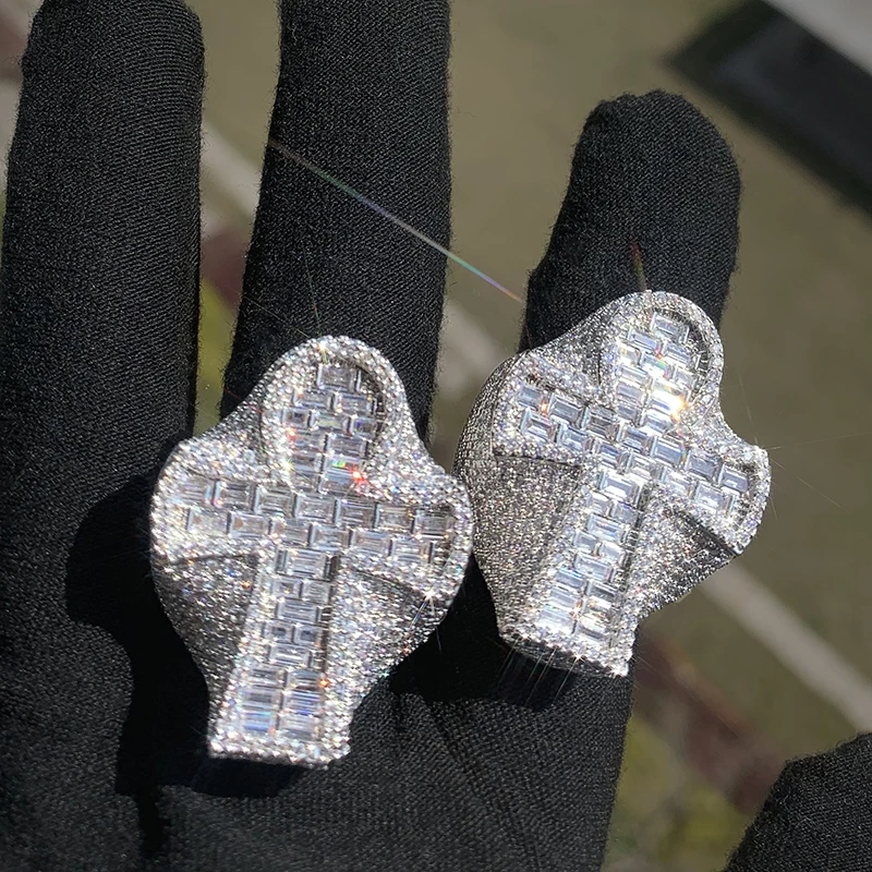 Фото Хип-хоп 5A+ CZ Stone Paved Bling Ice Out Ankh Cross Finger Rings для мужчин рэпер ювелирные изделия золотого, серебряного цвета Прямая доставка №5