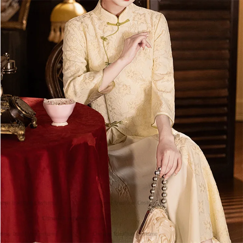 Фото Новый китайский стиль Chesongam Plue, размер 3XL, Aodai Qipao, сексуальное кружевное китайское платье с цветочным принтом, халат для невесты, свадебной вечеринки, костюм, Vestidos №3