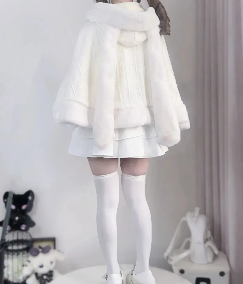 Фото Толстовки с кроликом Y2K Rabbit Ear Winter Production Mine Series Бархатная накидка с заячьими ушками Милый бант Вязаный пушистый плащ Теплая куртка Пальто №3