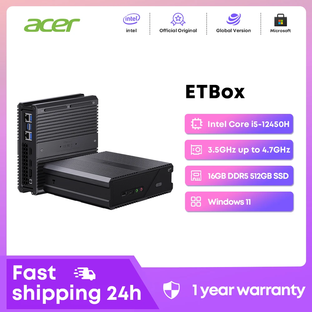 Мини-ПК Acer гаджет ETBox, Intel Флешка 16 ГБ DDR5 512 Гб SSD, WiFi6 BT5.2 RJ45, настольный игровой компьютер Windows 11