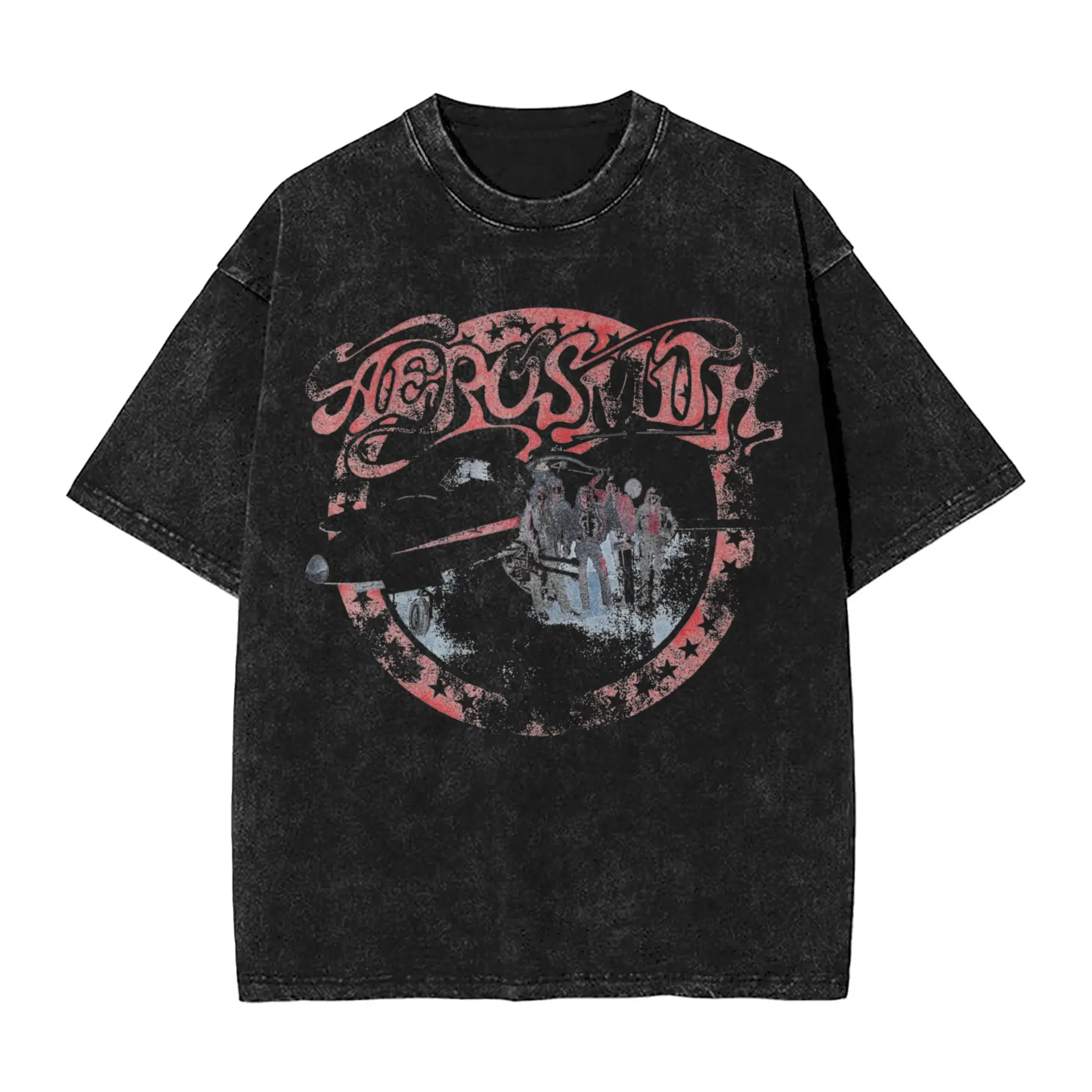 Футболка Harajuku Washed Shirts Aerosmith AEROplane в стиле рок-группы, винтажная, оверсайз, уличная одежда, с коротким рукавом, летняя