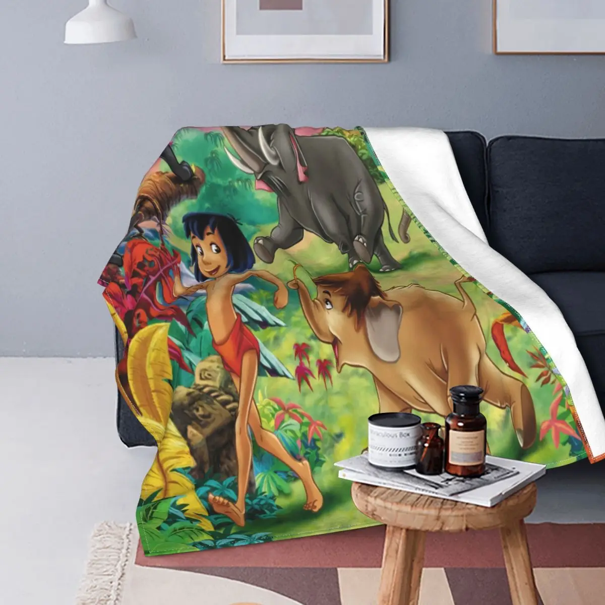 Фото Одеяло-книжка Baloo & Mowgli в джунглях, одеяло, персонализированное портативное, подходит для дивана, не скатывается №3