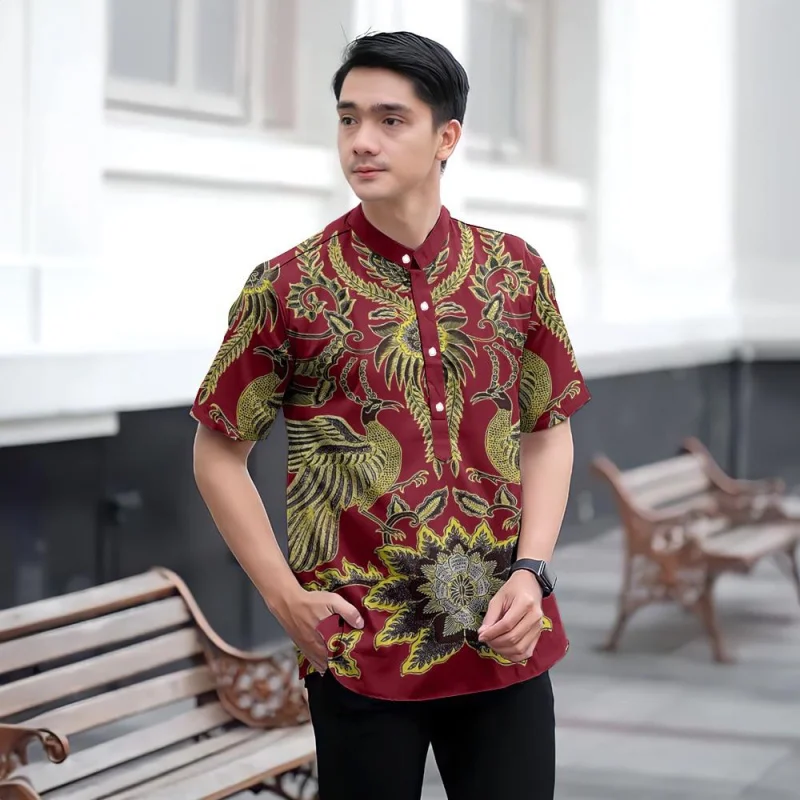 Фото Мужская рубашка Koko Kurta Ramadan Raya Shirt 2025 с коротким рукавом и воротником-стойкой, свободная дышащая и удобная ткань, подходит для мужчин №5