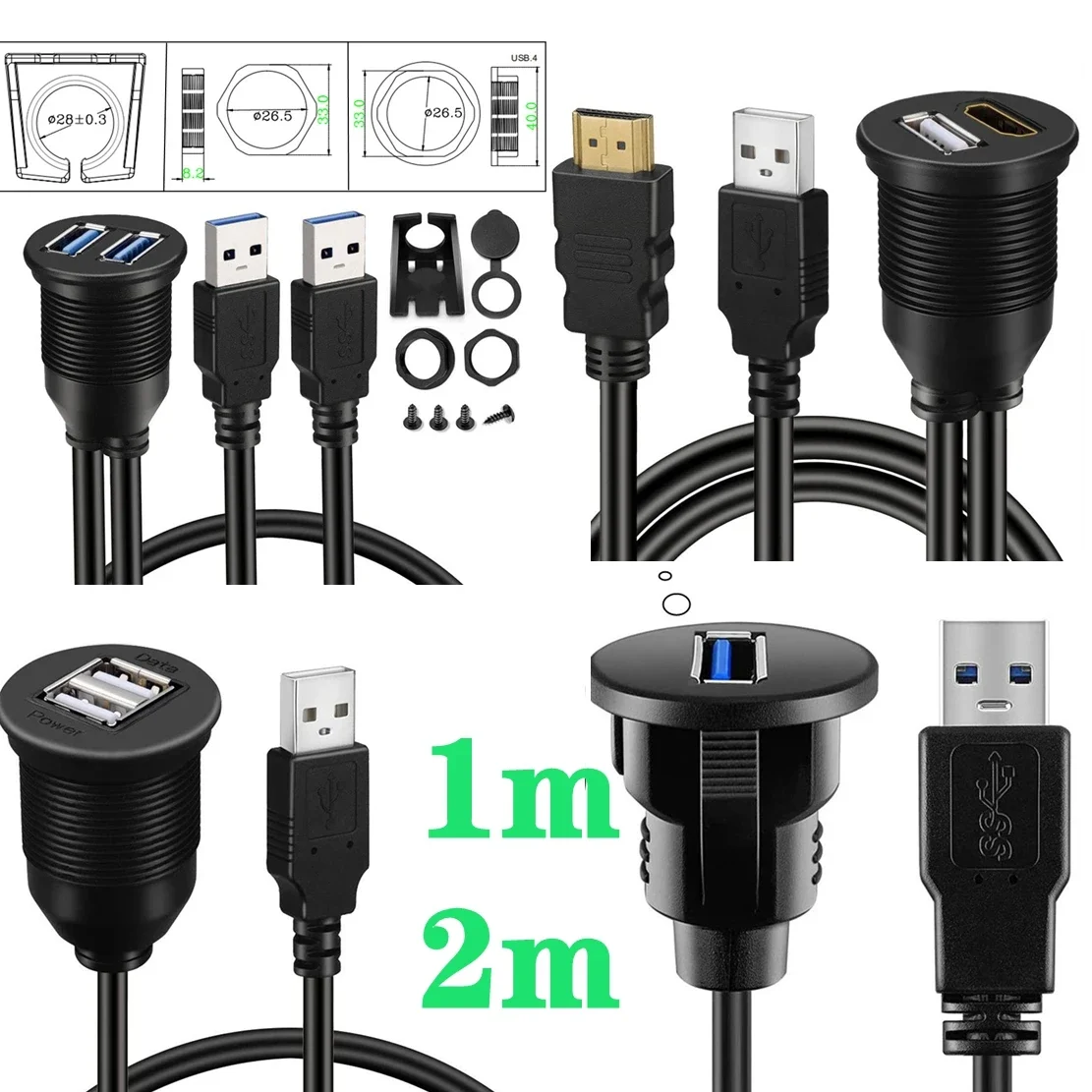 Фото Двойной USB-водонепроницаемый встроенный адаптер для док-станции, панель приборной панели, порт USB 3.0 2,0, удлинительный кабель для автомобиля, мотоцикла, корабля, 2 м №2