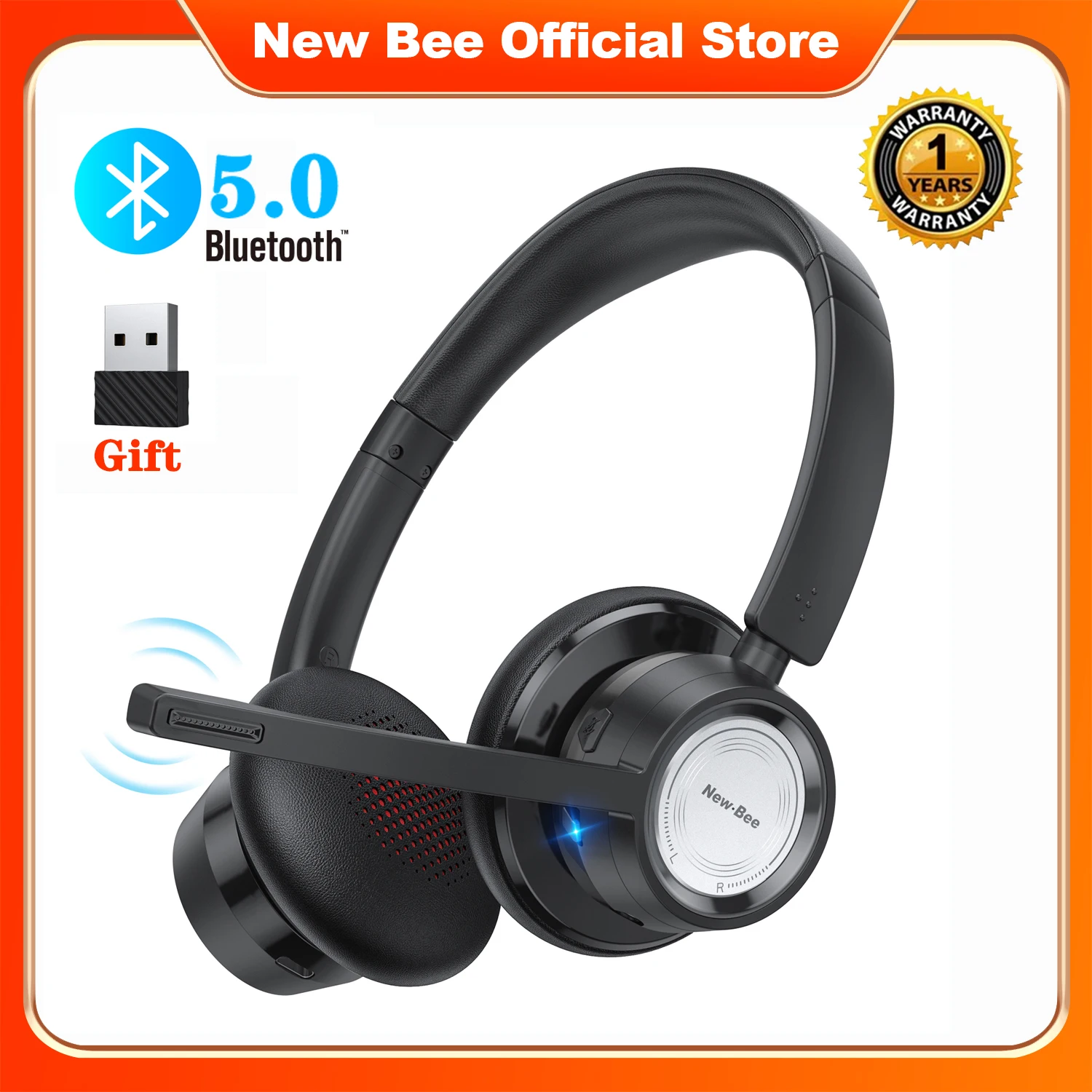 Фото Беспроводные Bluetooth-наушники New Bee BH58, Офисная деловая гарнитура с микрофоном, складные наушники для телефонов и ноутбуков, V5.0 №1