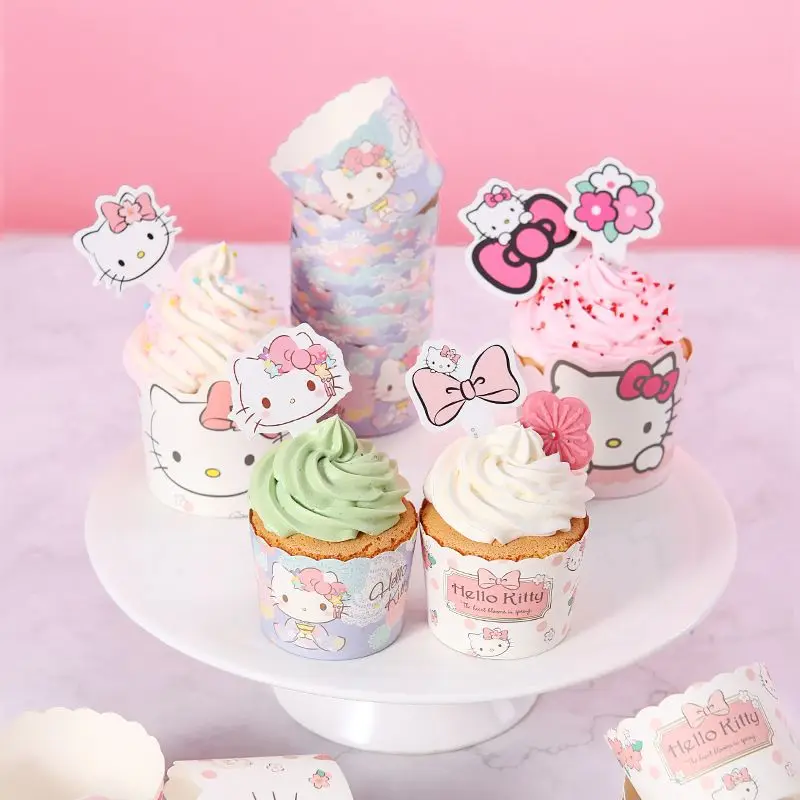 Фото Набор бумажных стаканчиков Hello Kitty, 100 шт., устойчивые к высоким температурам бумажные подставки для тортов, бумажные стаканчики для выпечки, Мультяшные бумажные стаканчики, форма №2