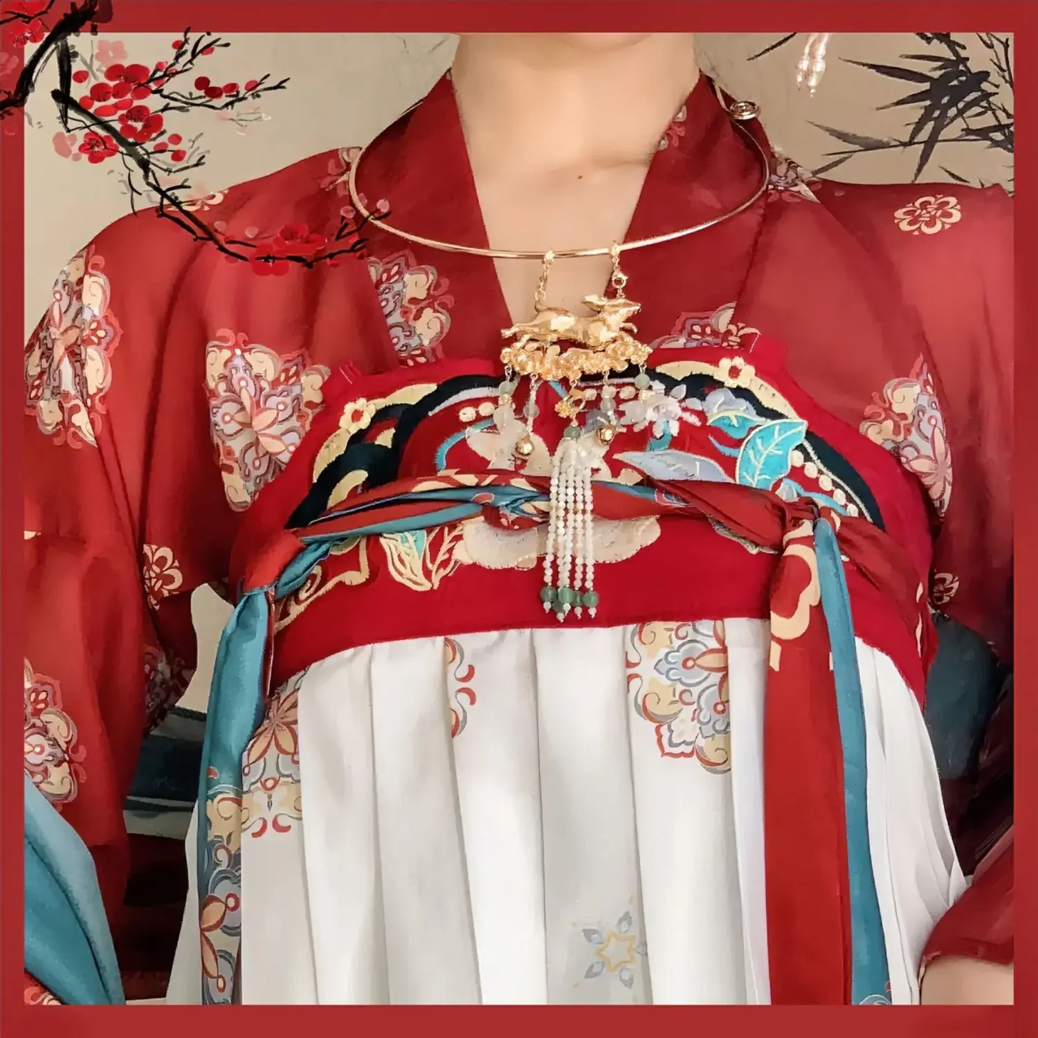 Фото Белый, красный, синий, традиционный китайский комплект Hanfu — комплект Qixiong Ruqun BFF в стиле Tang (доступное древнее платье для женщин и лучших друзей) №5