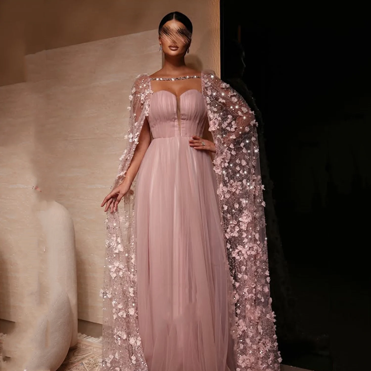 Aileen Pink Dresses Gala Customized Prom Dress Robes De Soirée Women Evening Dress Shawl فساتين سهرة Платье Вечернее 3D Flowers Всё для свадеб и торжеств