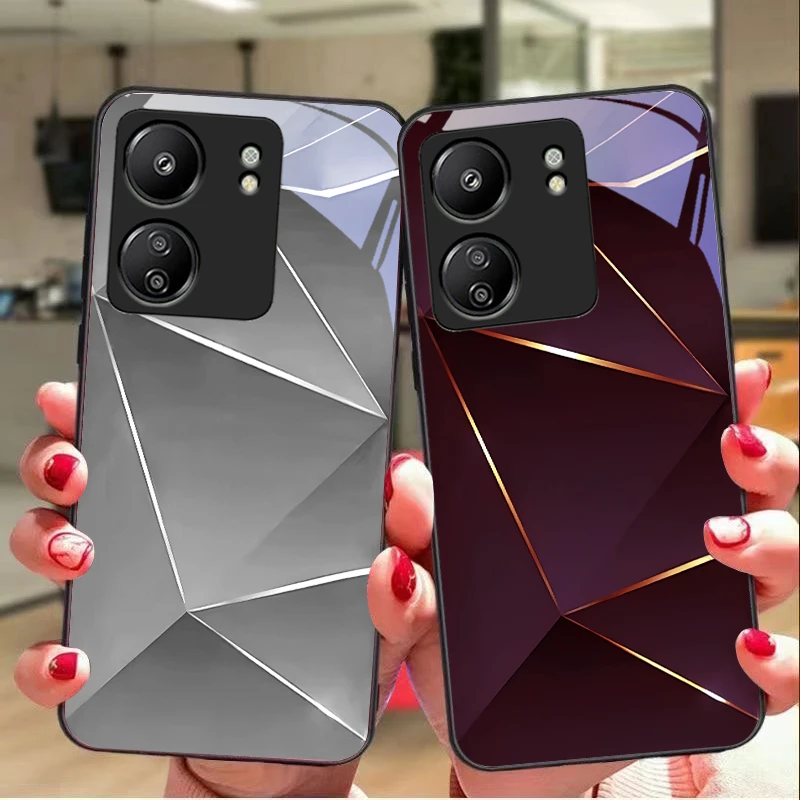 Geometric prism For Xiaomi Redmi 13C Note13 12 Pro Plus 5G Note 9 13T Pro POCO X6 F5 F6 Black tempered glass phone case