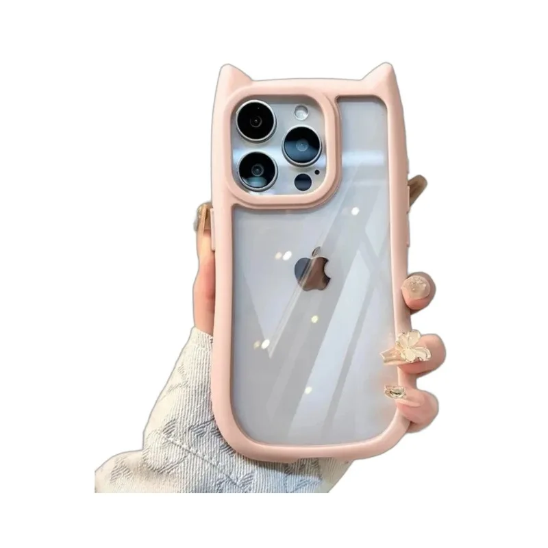 Korean Cute Candy Color 3D Cat Ears Transparent Phone Case For iPhone 16 15 14 ProMax Plus 13 12 11 Pro Max Kawaii Soft Cover (art.: 3920cf819d588) - 3920cf819d588