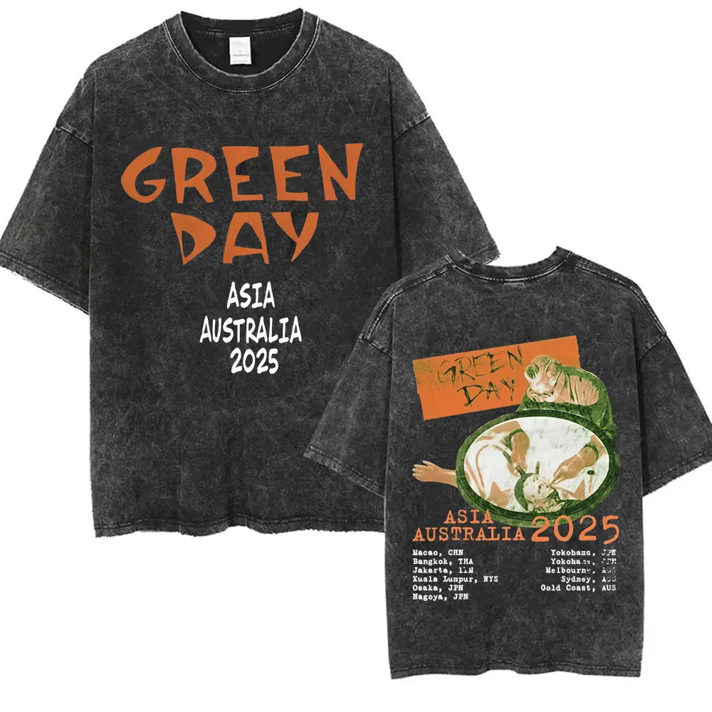 Фото Випраная винтажная футболка с рисунком в стиле панк-группы Green Day для мужчин и женщин, классические футболки в готическом стиле в стиле рок, мужская повседневная футболка большого размера с круглым вырезом №4