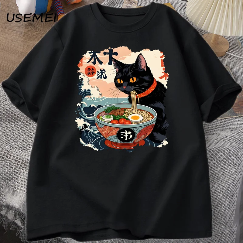 Фото Футболка Kawaii Cat в стиле аниме Ramen, японская забавная футболка с рисунком Kawaii, футболка с лапшой и котом, мужская футболка с короткими рукавами, одежда в стиле Харадзюку №2