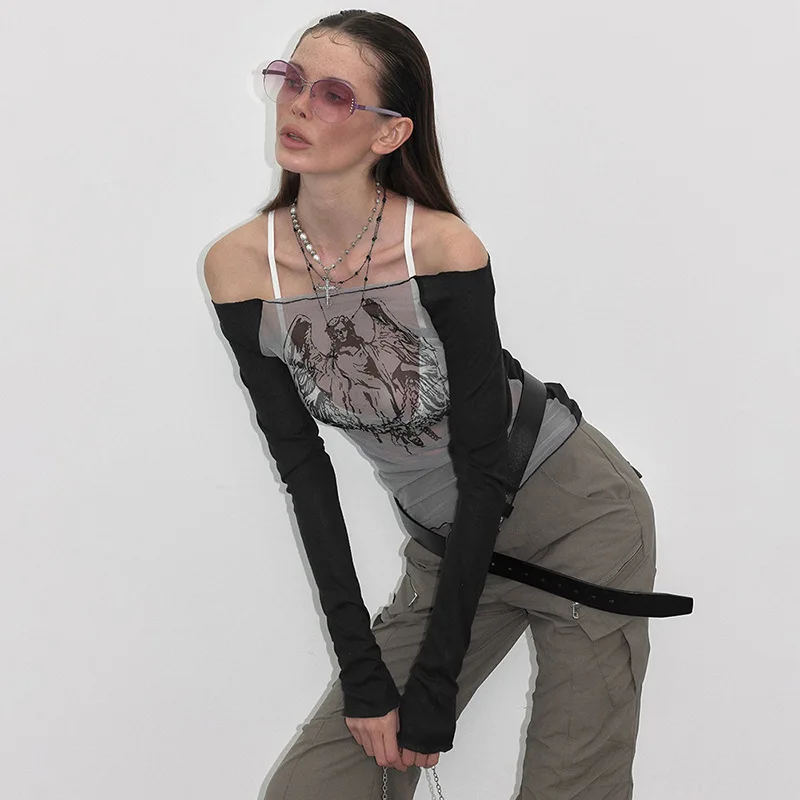 OSEN-Fashion прозрачный кружевной топ, прозрачная блузка для женщин, приталенная рубашка, черная сетчатая футболка, прозрачные топы в сеточку