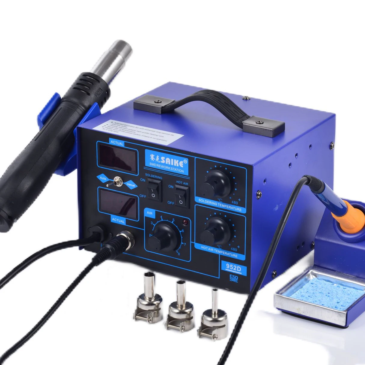 Фото Saike 952D Hot Air Gun Station 220V 110V Heat Gun Soldering Iron Station 2 in 1 900M tip BGA Rework soldering station Kit Holder №3