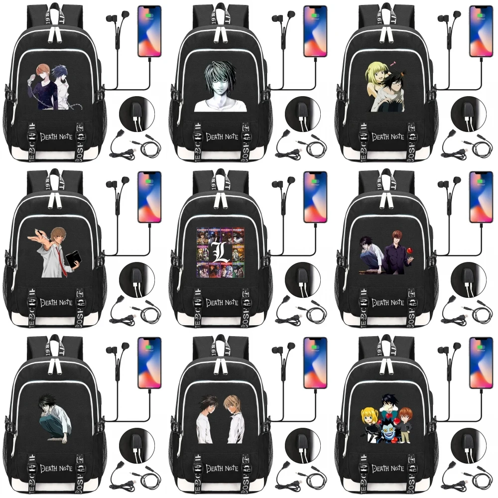 Холщовый Рюкзак с USB-зарядкой, ранец с аниме Death Note L, школьный ранец на молнии с мультипликационным рисунком для подростков, дорожная сумка для ноутбука