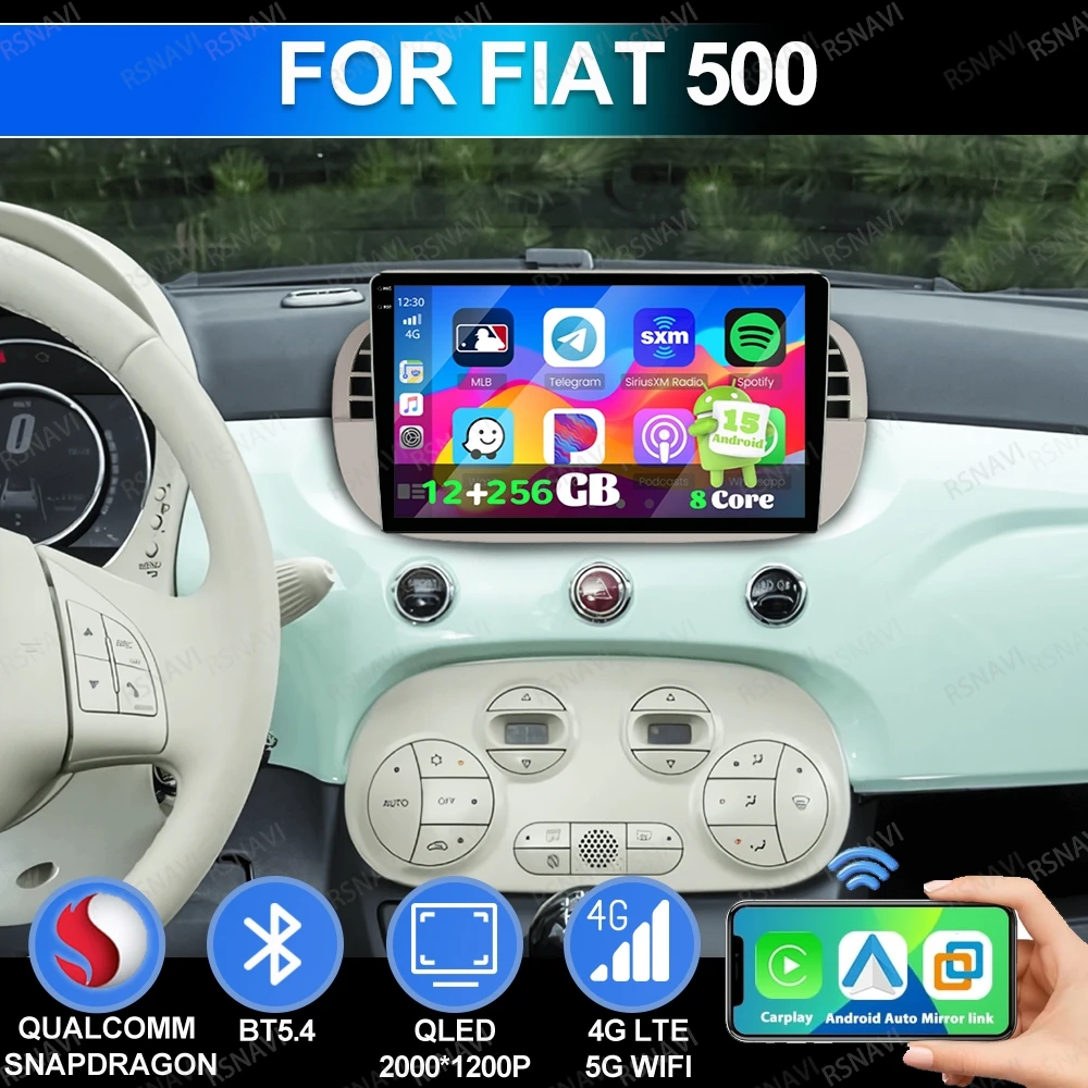 Android 15 для FIAT 500 Стерео QLED GPS Автомобильный радиоприемник AI Голосовая навигация Viedo Плеер Головное устройство Мультимедиа BT 4G LTE DSP Qualcomm